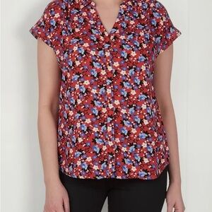 JACHS Girlfriend Red Floral Short Sleeve Button-Front Blouse